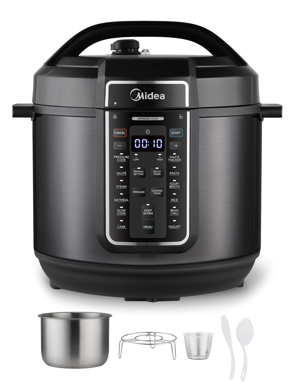 Midea 12-in-1 pressure cooker, front view, ideal for quick family dinners.