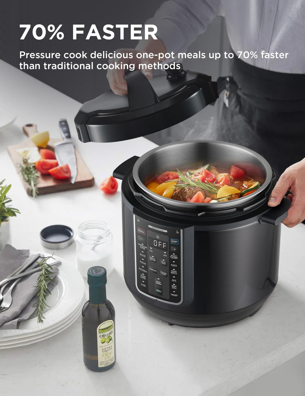 Midea 8qt stainless-steel inner pot closeup highlighting even cooking.