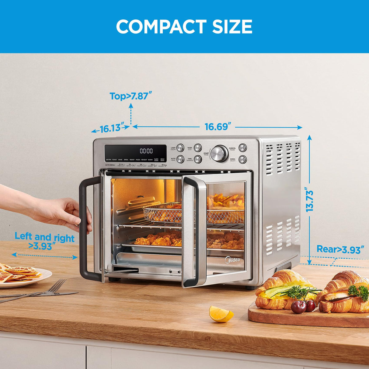 Midea Flexify 26.4 qt capacity supports family meals and batch cooking.