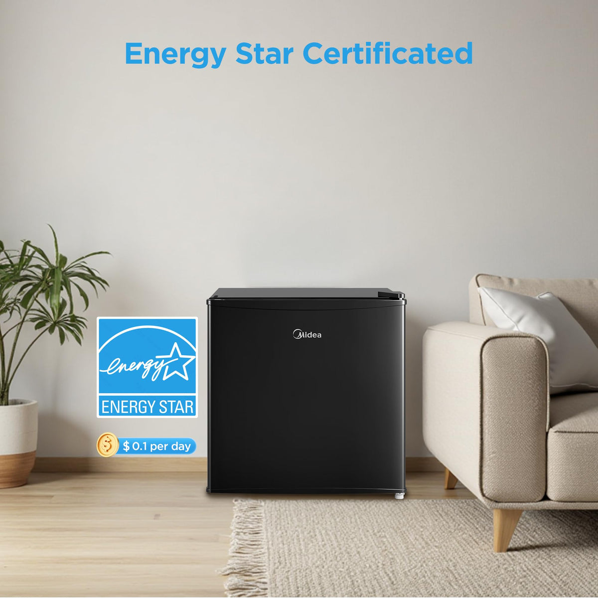 2L bottle door storage on Midea MERM17B0ABB keeps drinks organized.