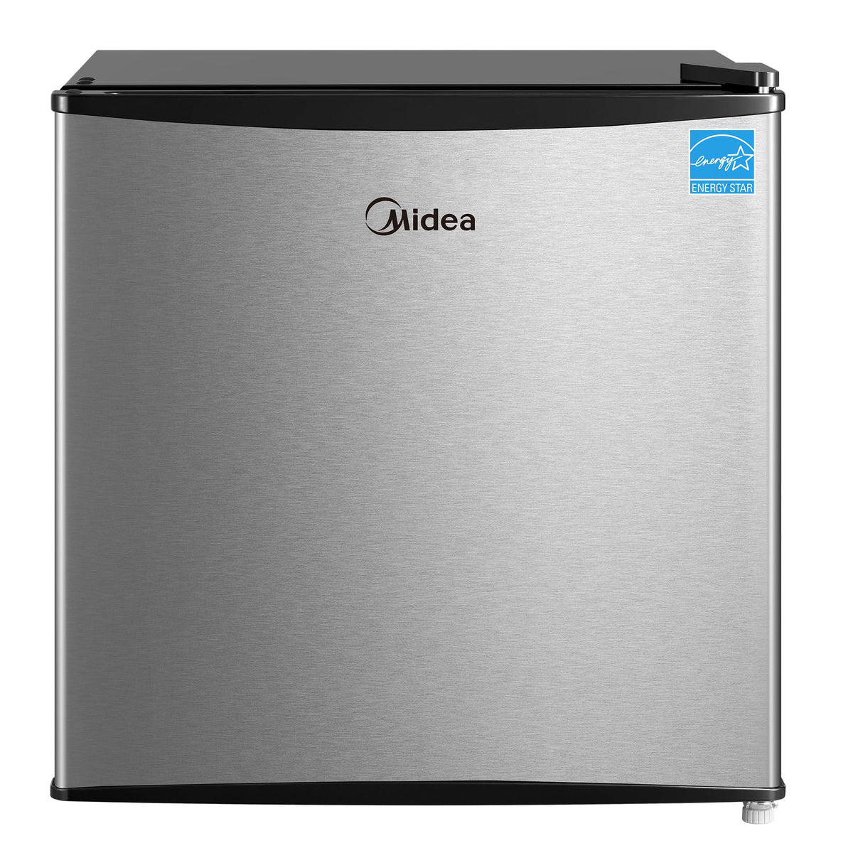 Midea MERM17B0ASL front view highlighting compact dorm-ready fridge for small spaces.