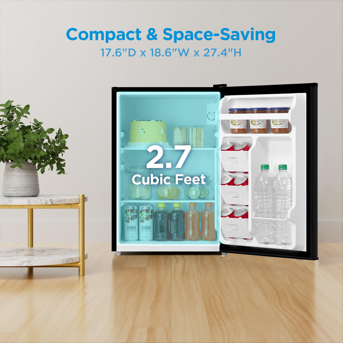 Midea MERM26B0ABB interior layout with can rack and bottle shelf