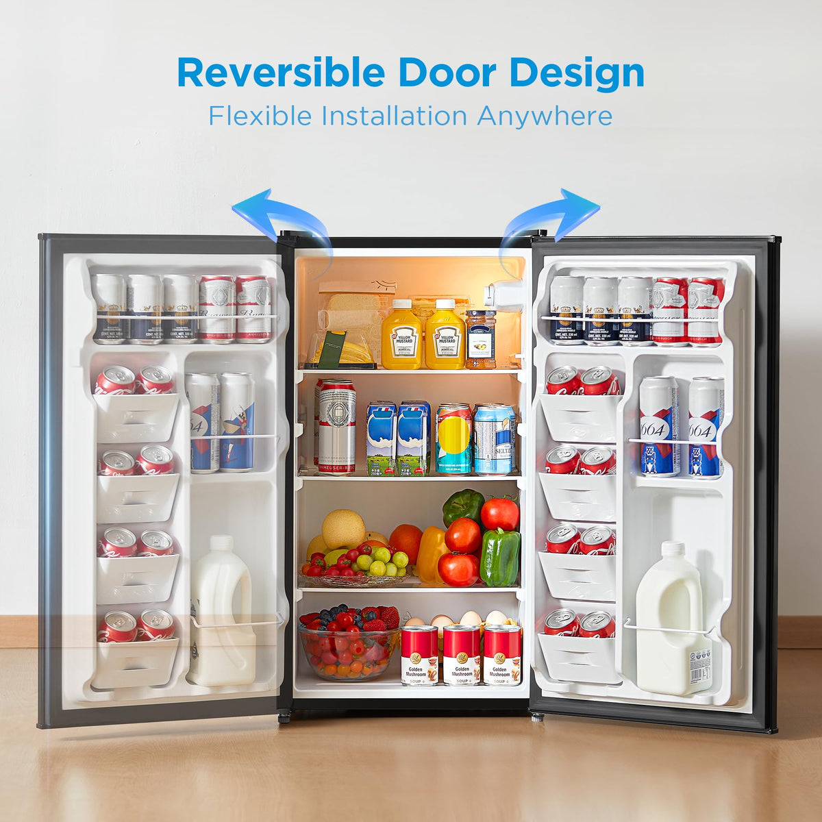 Midea MERM33S1ABB reversible door for any kitchen layout.