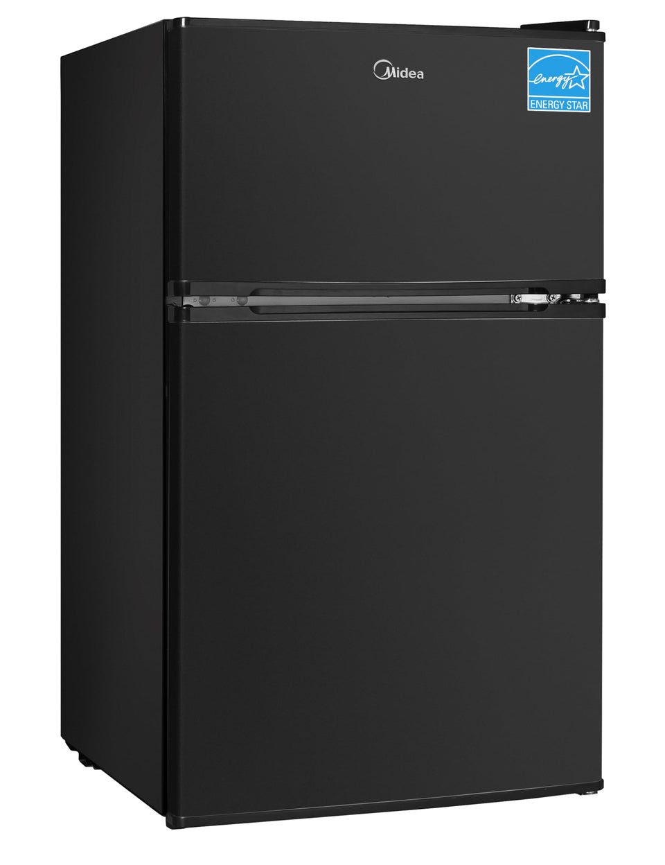 Midea WHD-113FB1 front view showing compact double-door fridge for small spaces