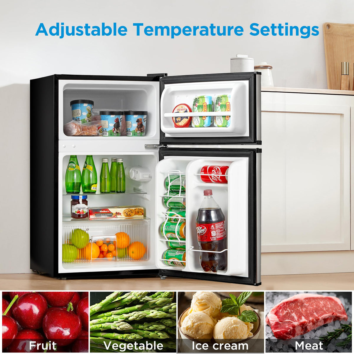 Midea WHD-113FSS1 door-open view demonstrates reversible door for flexible placement