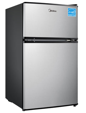 Midea WHD-113FSS1 front view showing compact double-door fridge ideal for small spaces