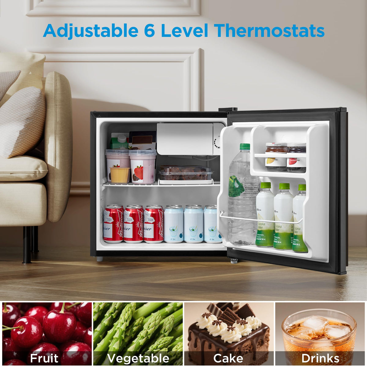 Interior-shelves view highlighting adjustable layout and 2L bottle rack.