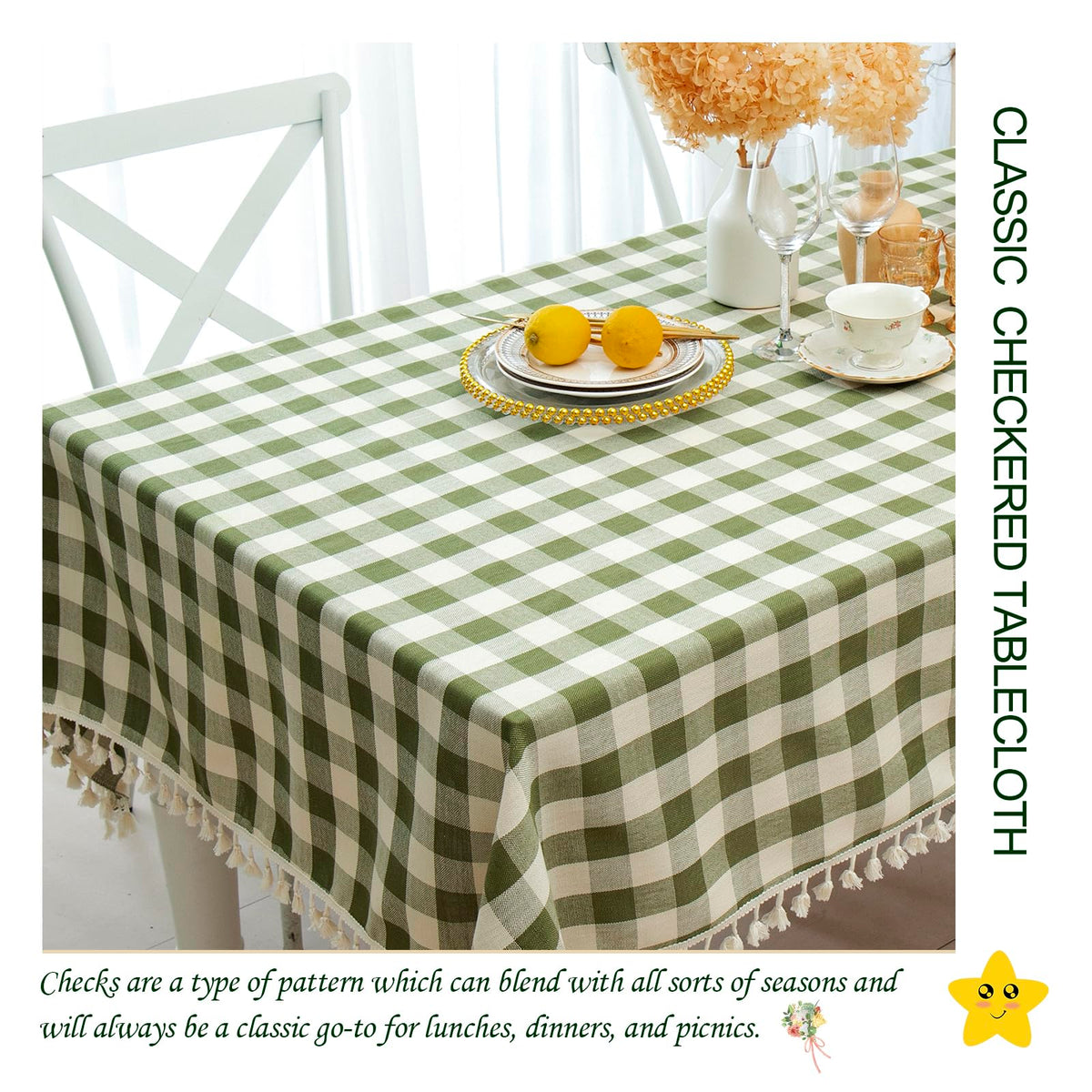 Midsummer Breeze buffalo-check dining-room setup enhances casual to festive meals.