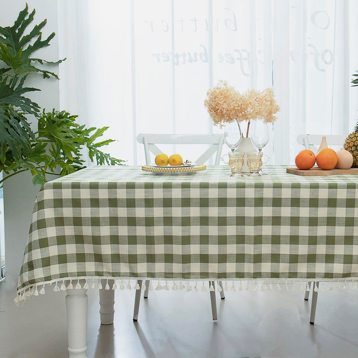 Midsummer Breeze checkered rectangle tablecloth in green for a fresh farmhouse vibe.
