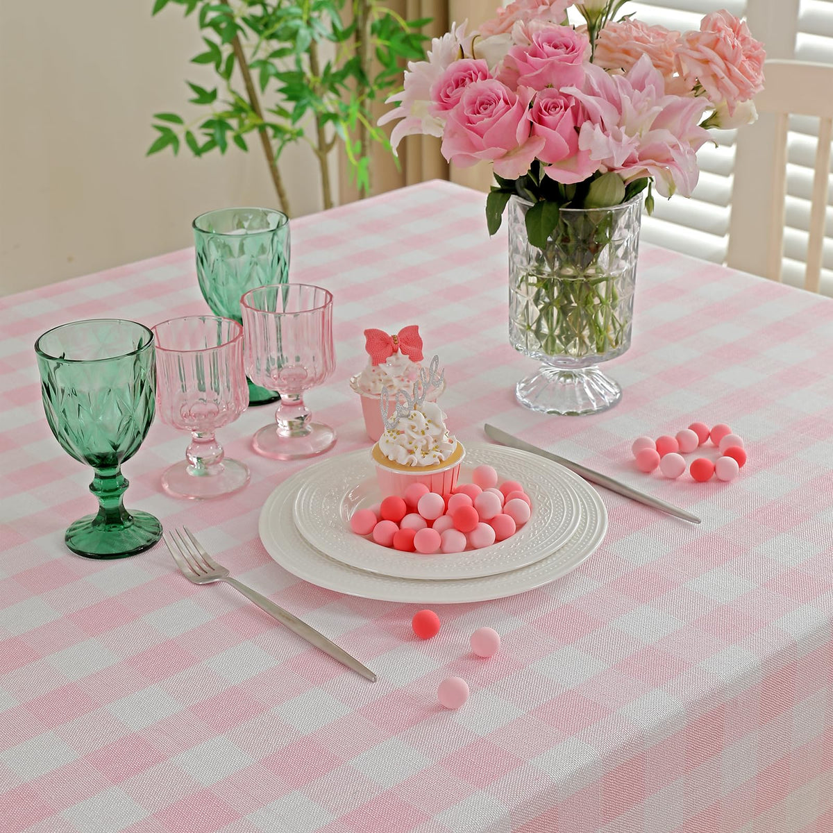 Midsummer Breeze pink cotton tablecloth with buffalo check pattern for seasonal tables.