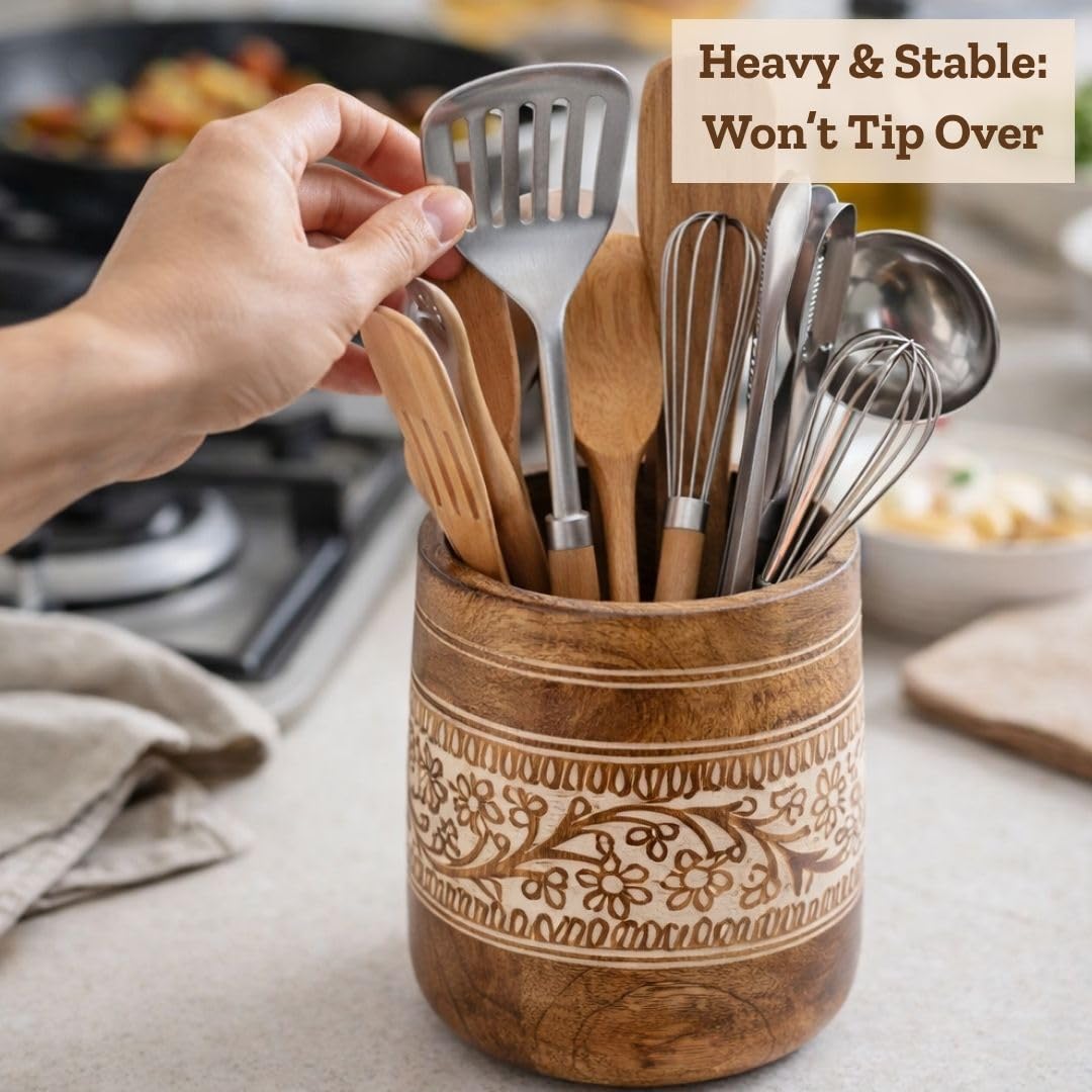 Mie Creations Farmhouse utensil holder with floral handcarving detail enhances rustic charm.
