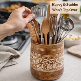 Mie Creations Farmhouse utensil holder with floral handcarving detail enhances rustic charm.