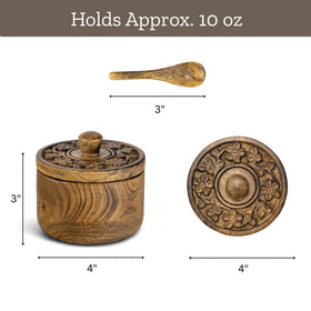 Mango wood salt container by Mie Creations with natural grain for rustic table.