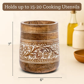 Mie Creations Mango wood utensil crock shows warm finish and durable everyday use.