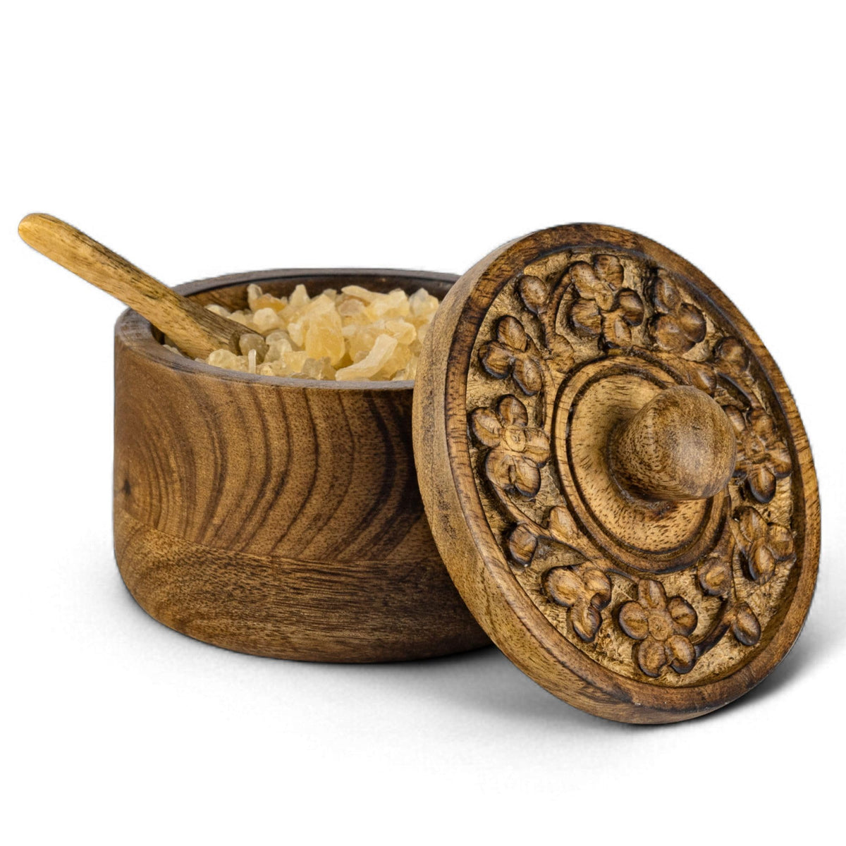 Mie Creations rustic salt box with lid keeps flaky sea salt fresh on your counter.