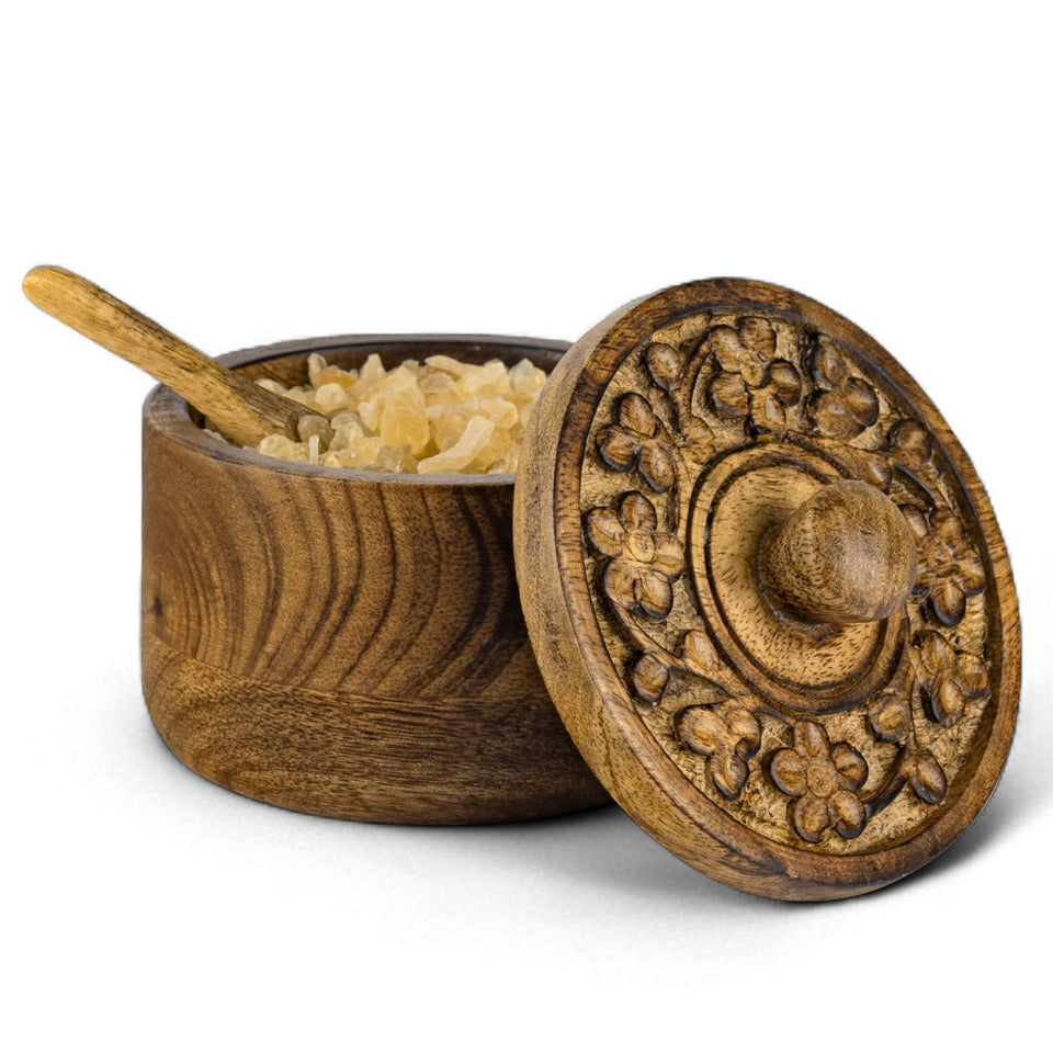 Mie Creations rustic salt box with lid keeps flaky sea salt fresh on your counter.