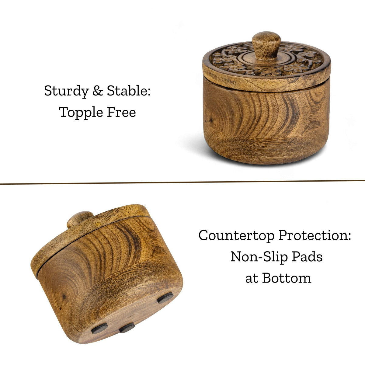 Mie Creations wooden spice bowls keep condiments organized at the stove.
