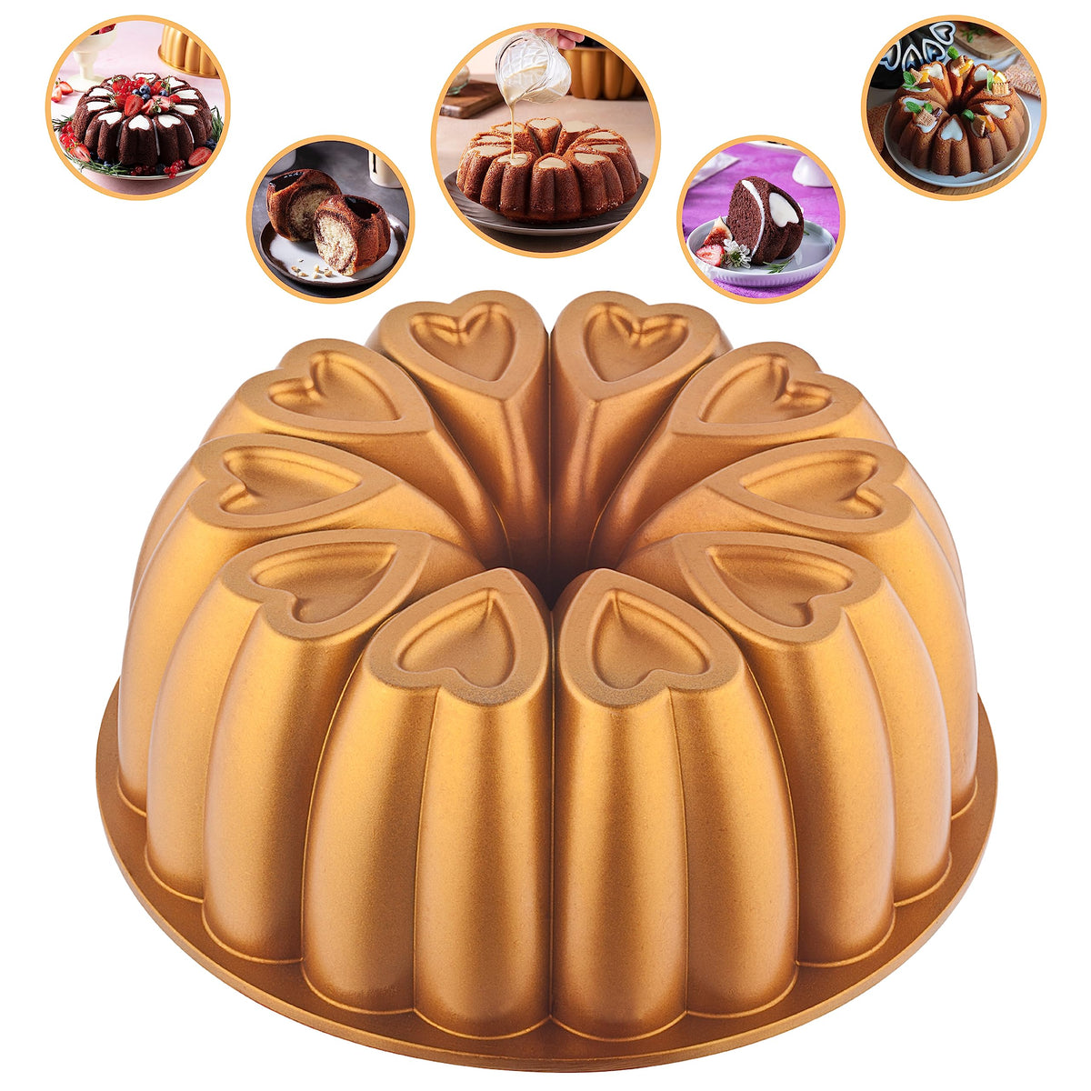 MIENCA heart shape cake pan in gold shows a romantic motif for celebrations.