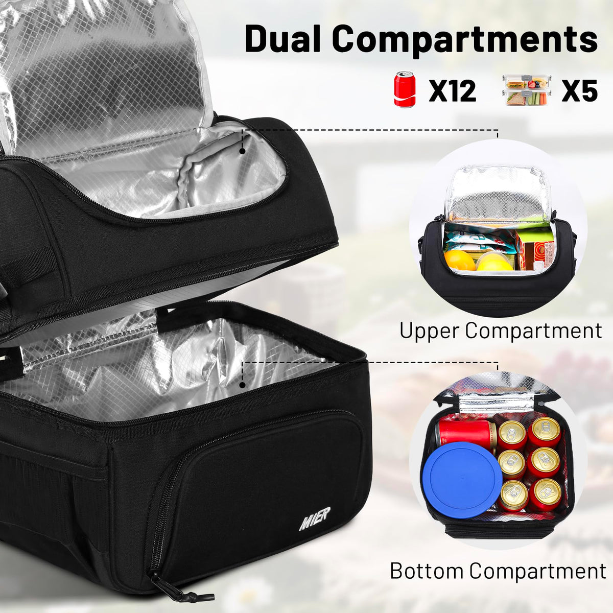 MIER dual-compartment lunch bag bottom cold section insulated for beverages and perishables