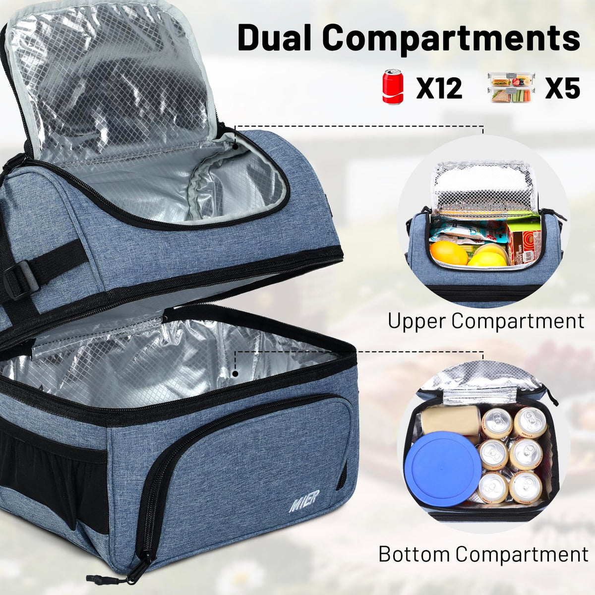 MIER lunch bag bottom cold section with leakproof insulation preserves drinks and yogurt on commutes.
