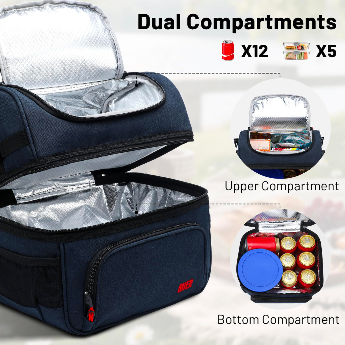 MIER lunch bag bottom cold compartment with insulated liner for drinks.