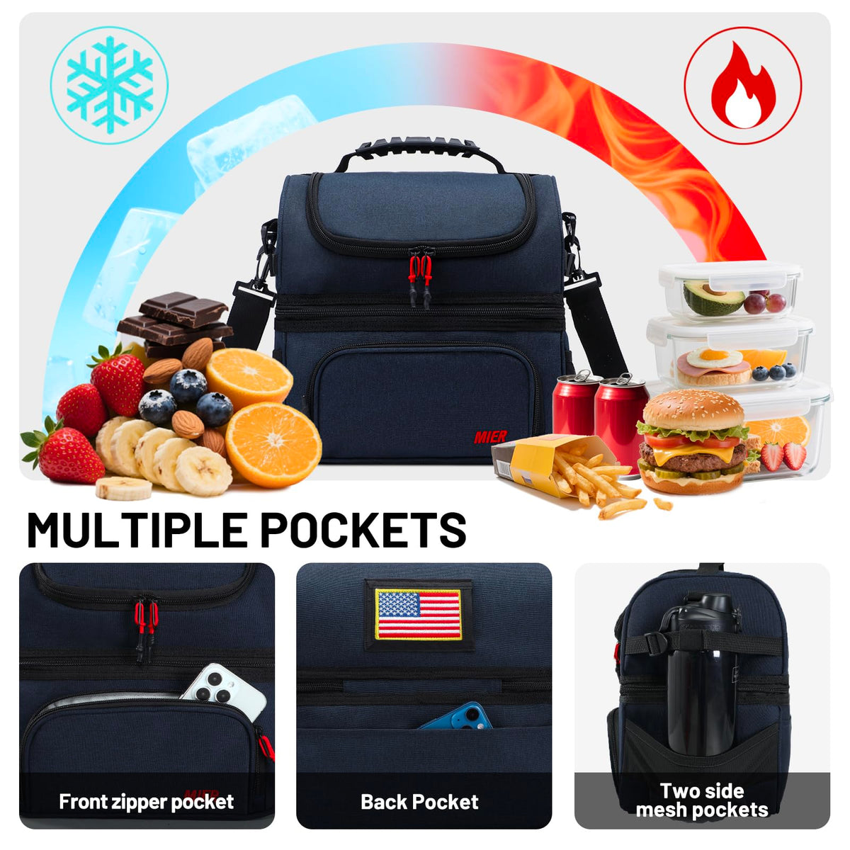 MIER lunch bag front pocket for utensils and napkins on the go.