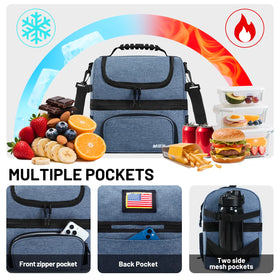 MIER dual compartment lunch bag front pocket for utensils and napkins during daily routines.