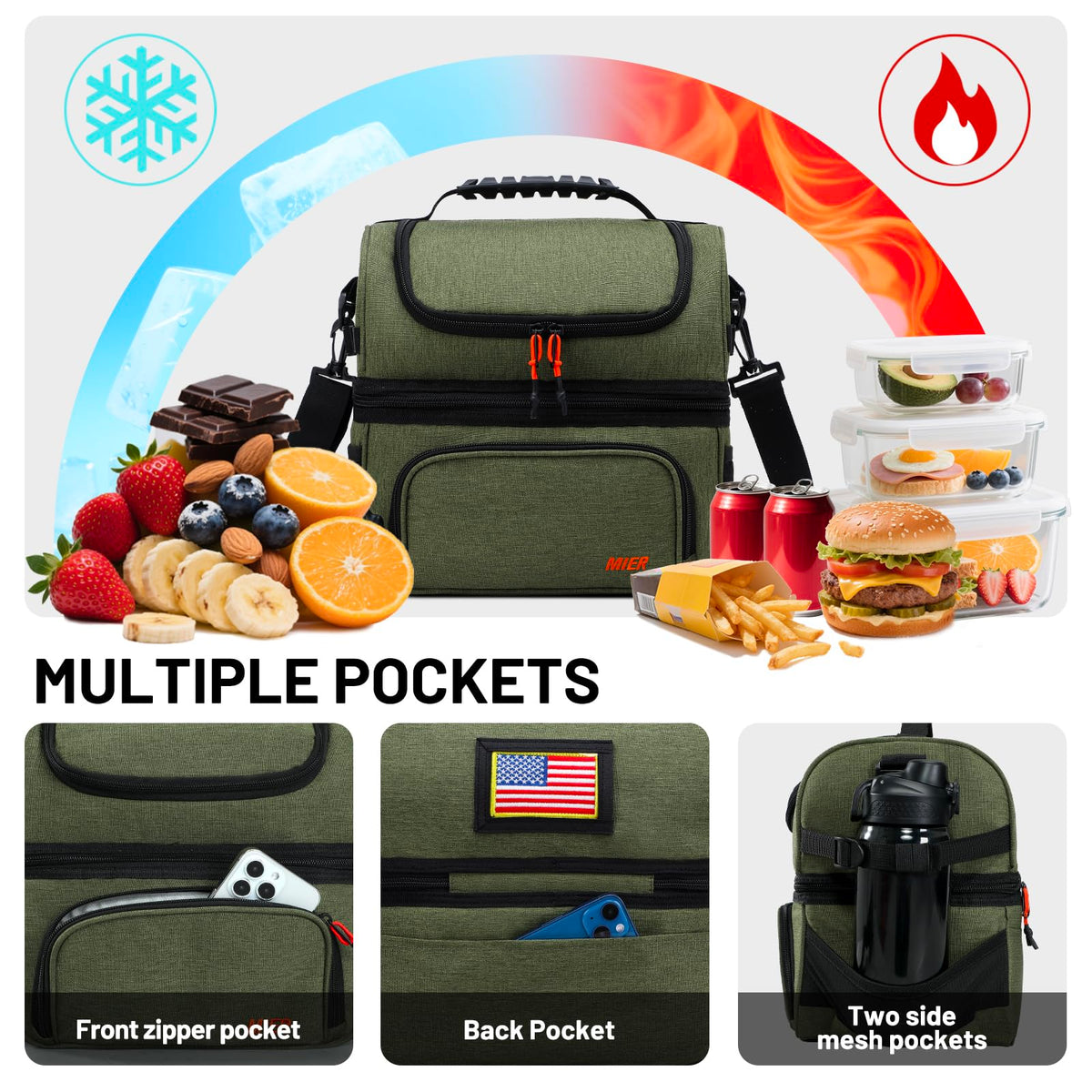 MIER lunch bag front pocket provides quick access to utensils