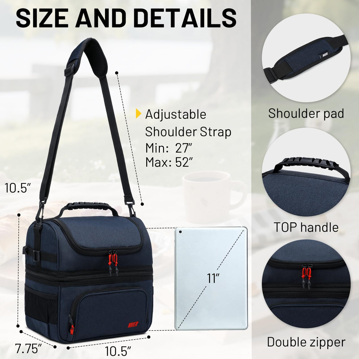 MIER lunch bag side mesh pockets for water bottles during commutes.