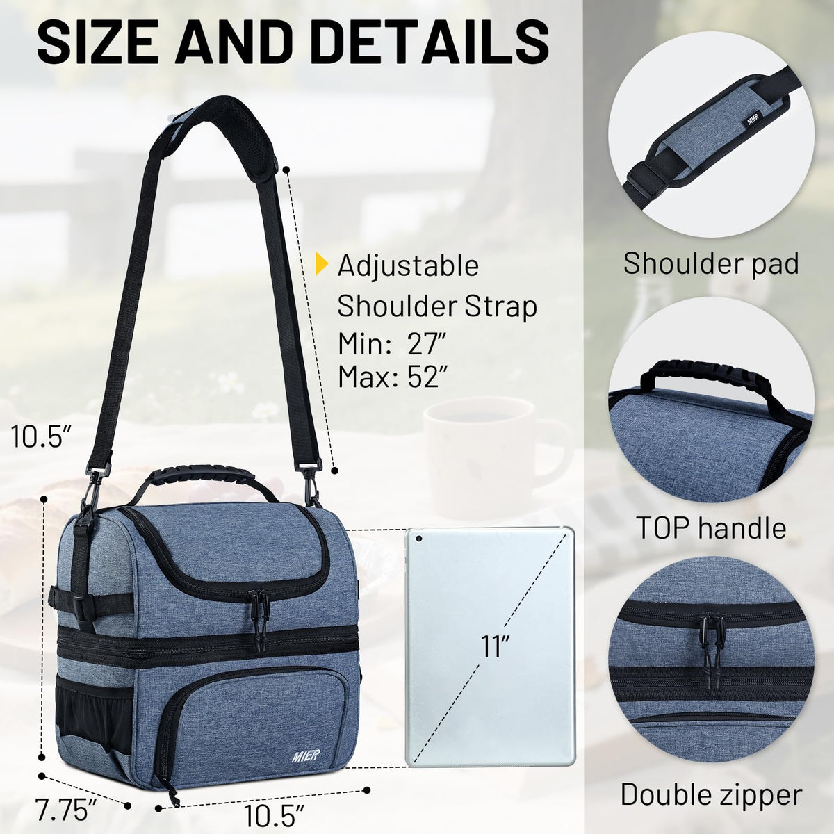 MIER lunch tote includes side mesh pockets for bottles and cozy carry options.