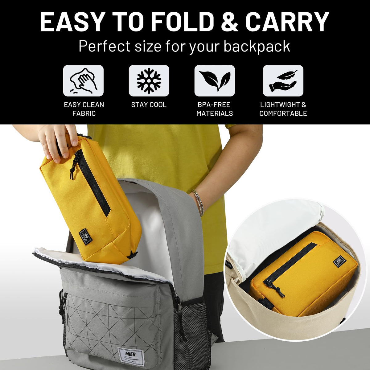 MIER freezable snack bag small yellow buckle handle makes it travel-ready.
