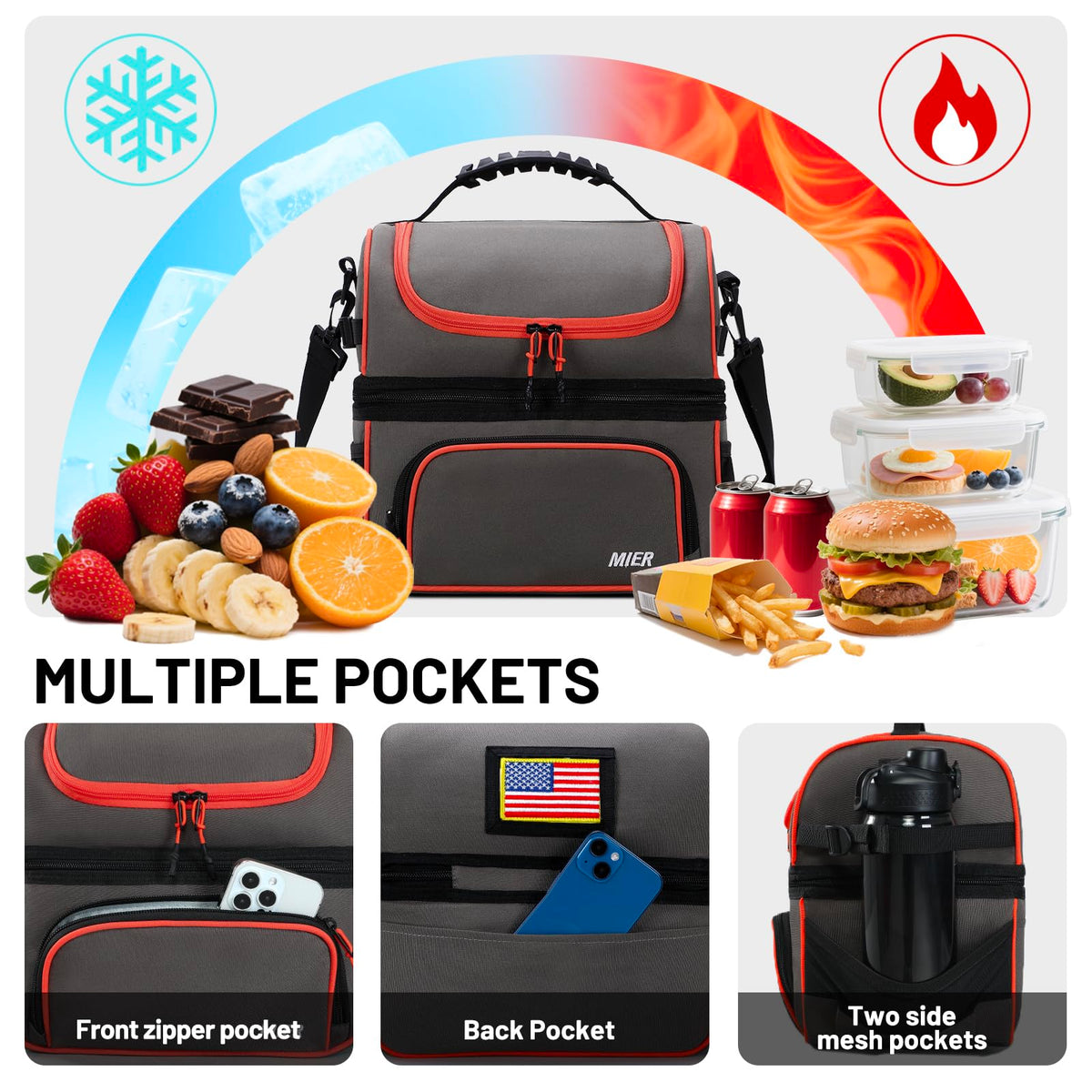 MIER front pocket holds utensils and napkins for tidy meal prep