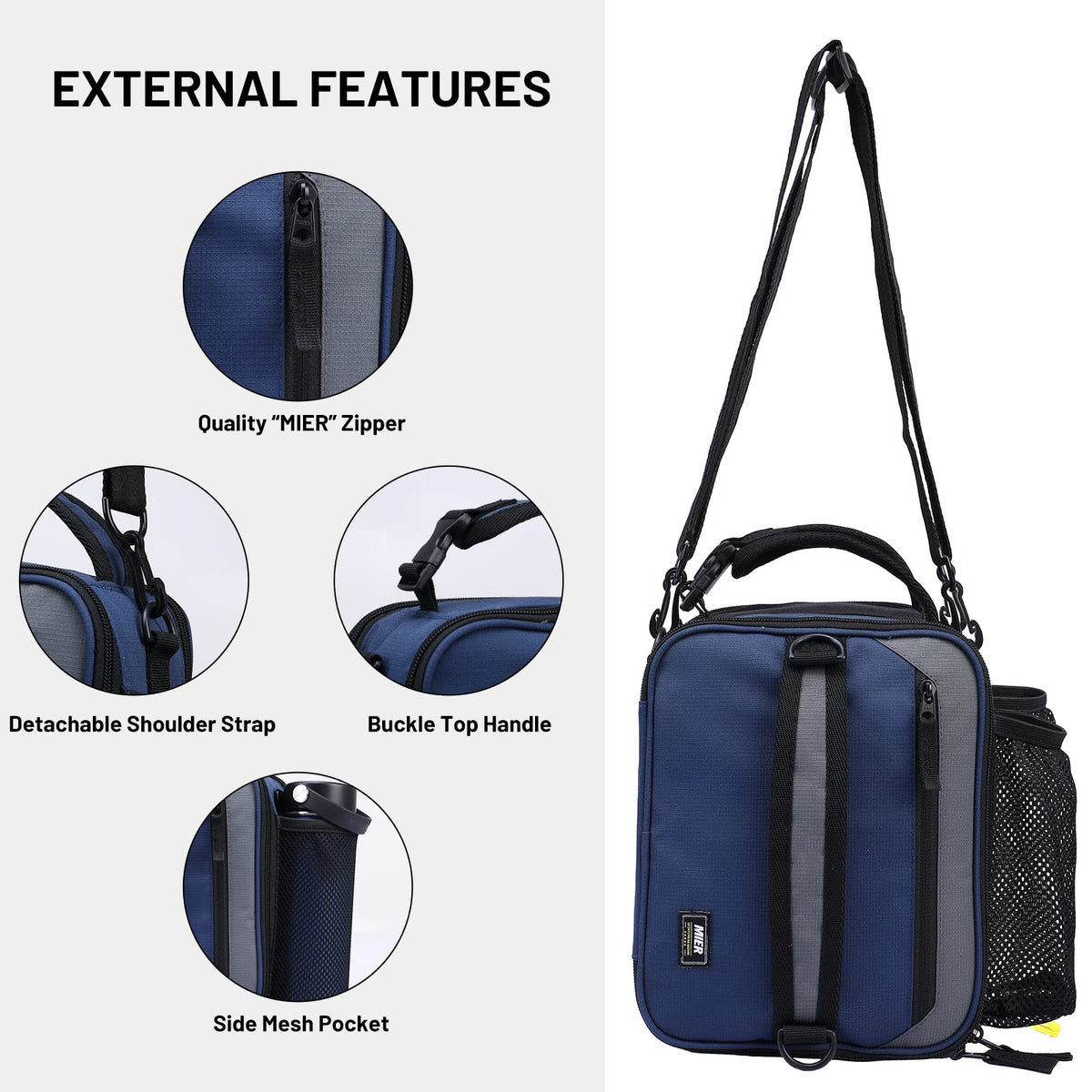 MIER lunch bag features pockets and reinforced stitching.