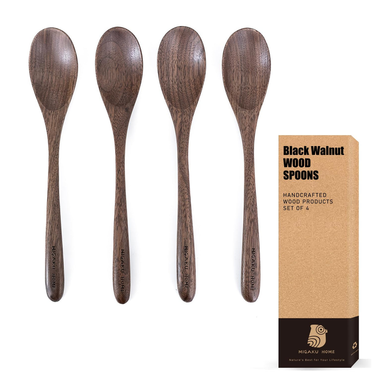 MIGAKU HOME black walnut spoons close-up reveals natural grain and chemical-free finish.