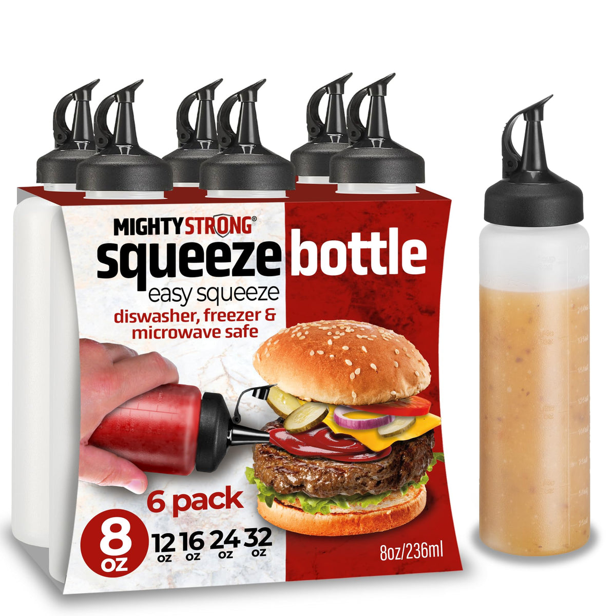 MIGHTY STRONG condiment squeeze bottle side view for precise pouring and mess-free grilling.