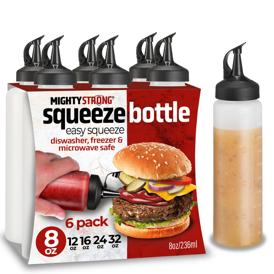 MIGHTY STRONG condiment squeeze bottle side view for precise pouring and mess-free grilling.