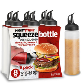 MIGHTY STRONG 4-pack bottles with easy pour cap for mess-free sauce application.