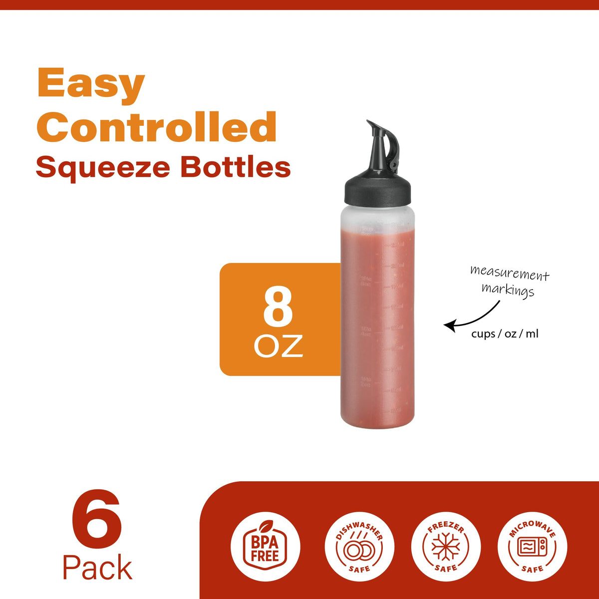 Durable squeeze bottles with leak-proof snap caps ideal for sauces and dressings.