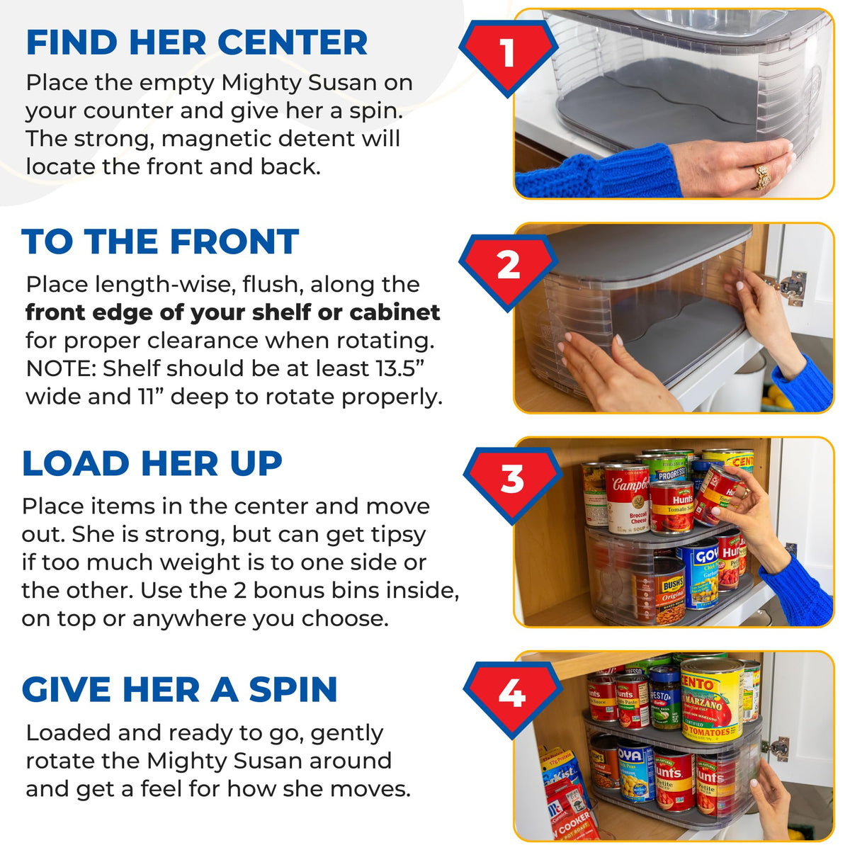 Mighty Susan pantry fits in standard cabinets with 11-inch depth