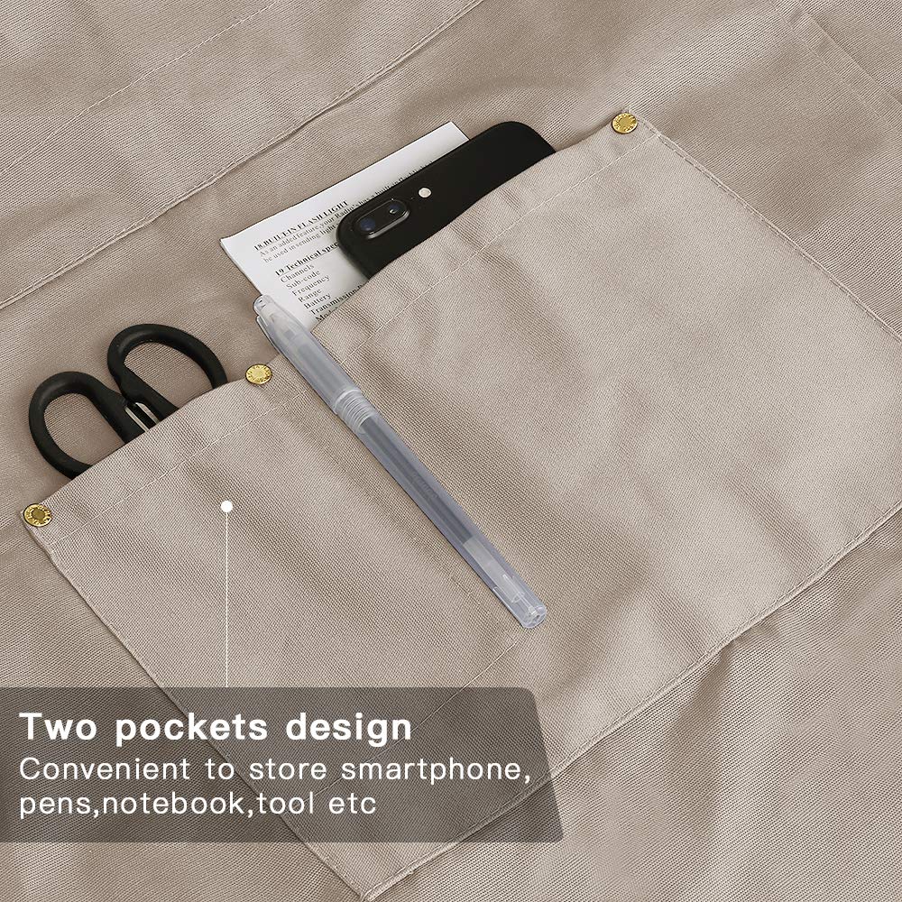 Mignongirl crossback apron beige with split front for seated tasks like pottery.