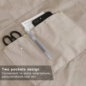 Mignongirl crossback apron beige with split front for seated tasks like pottery.