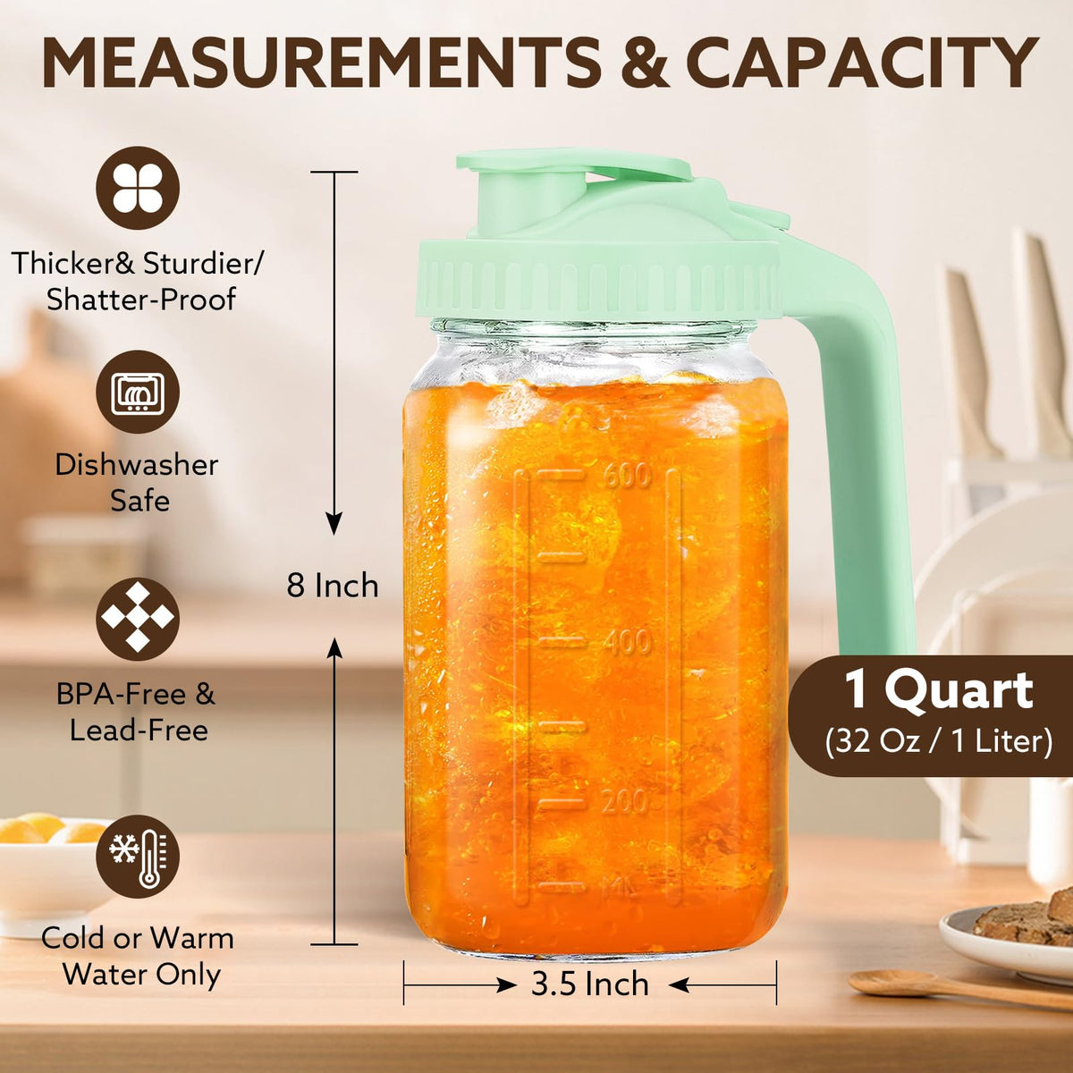 Mihlapi sturdy handle design for comfortable pouring from the fridge.