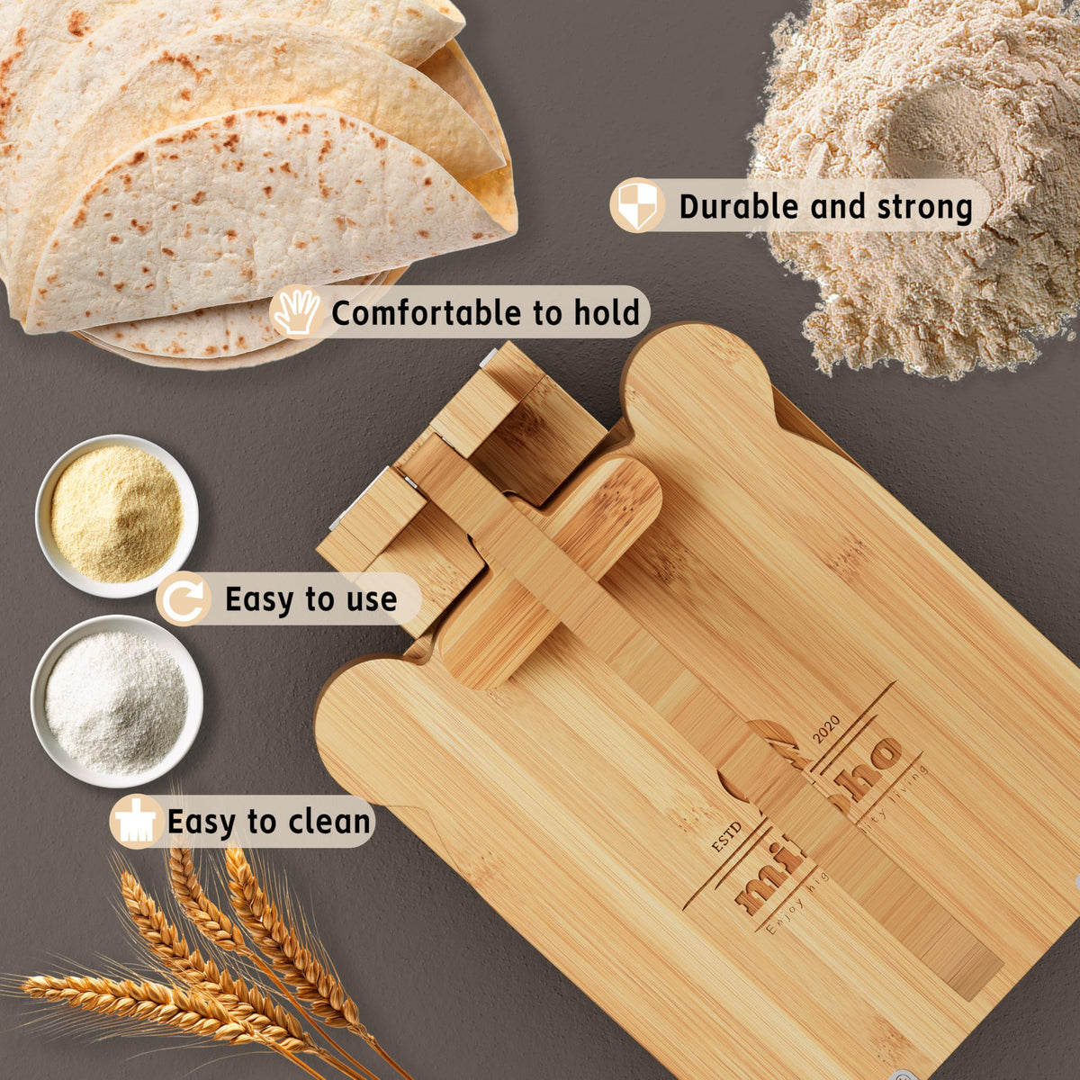 Mihoho wood tortilla maker with ergonomic handle for easy pressing.