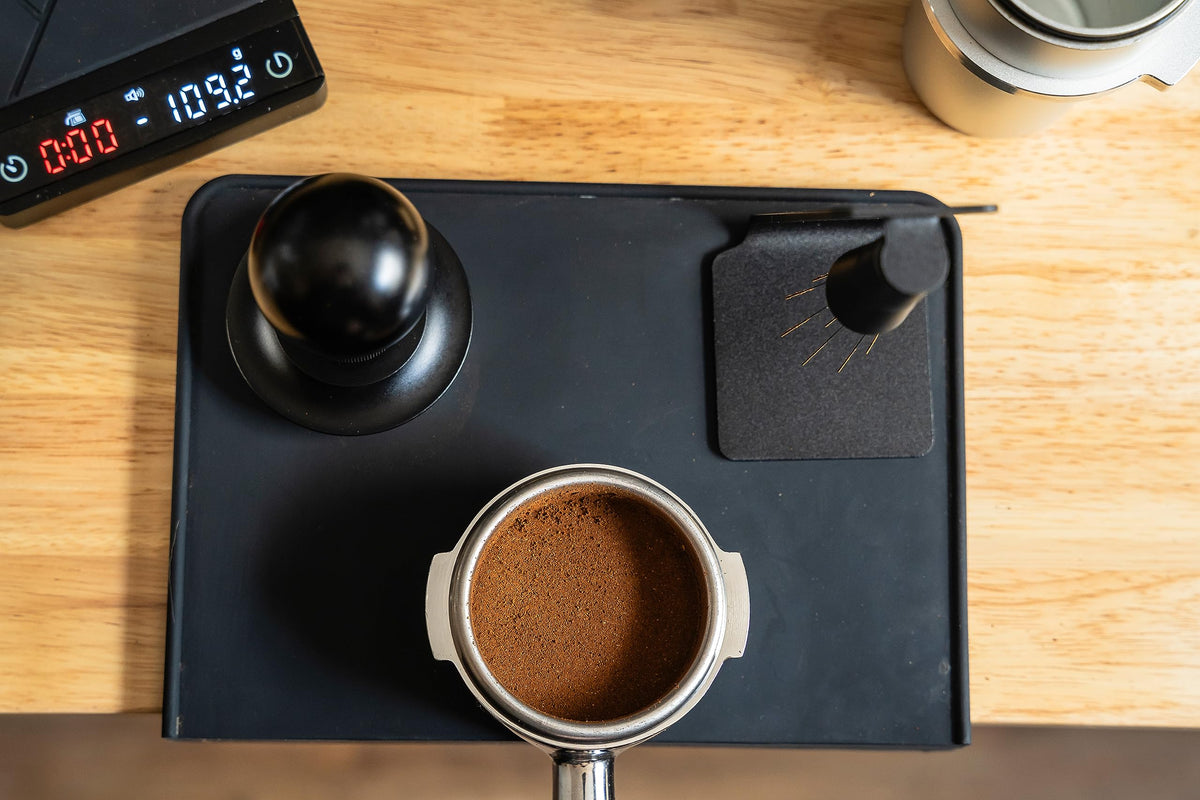 MiiCoffee tamper mat with non-slip top ensures confident tamping on the counter.