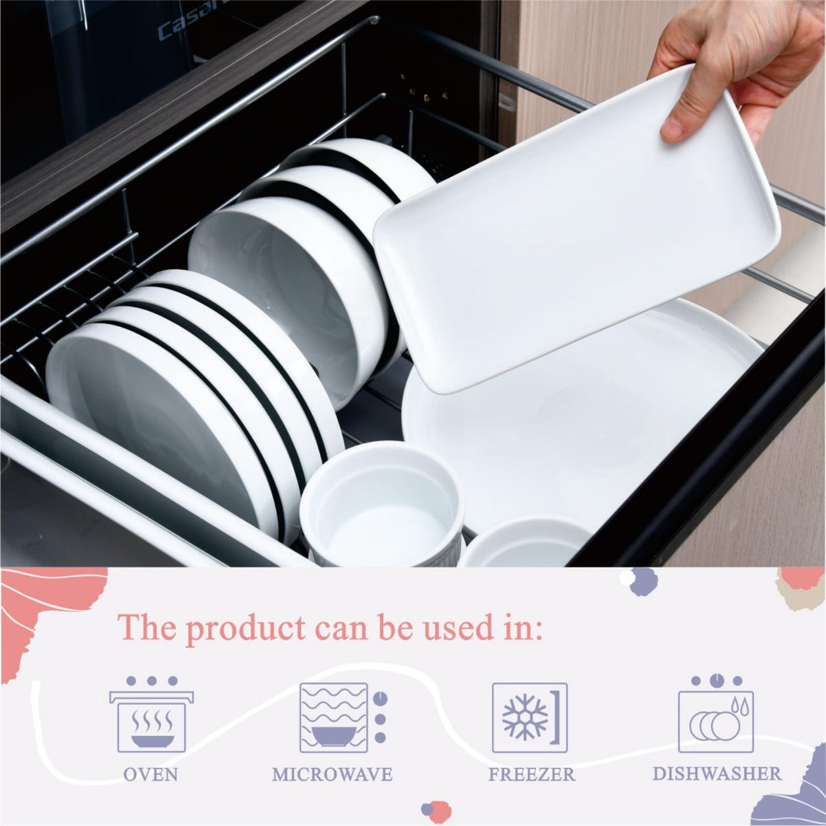 Miicol stackable rectangular plates save kitchen storage space.