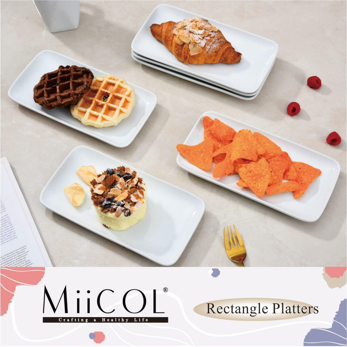 Miicol white ceramic rectangle dish showcases sushi or hors d'oeuvres elegantly.