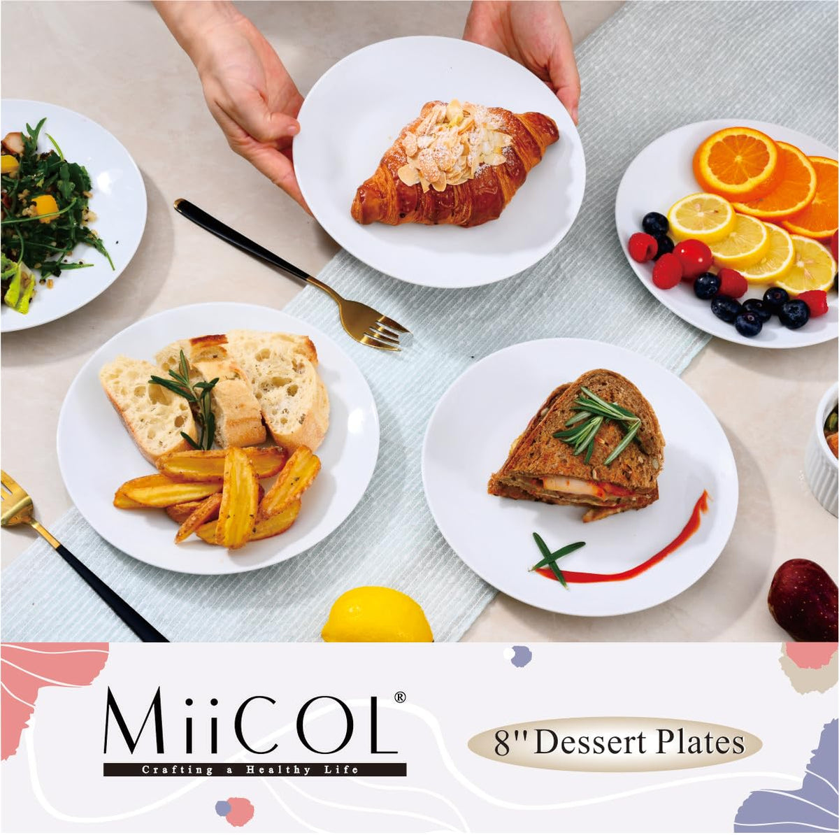 Miicol white dessert plate 8in—sleek surface for elegant presentations.