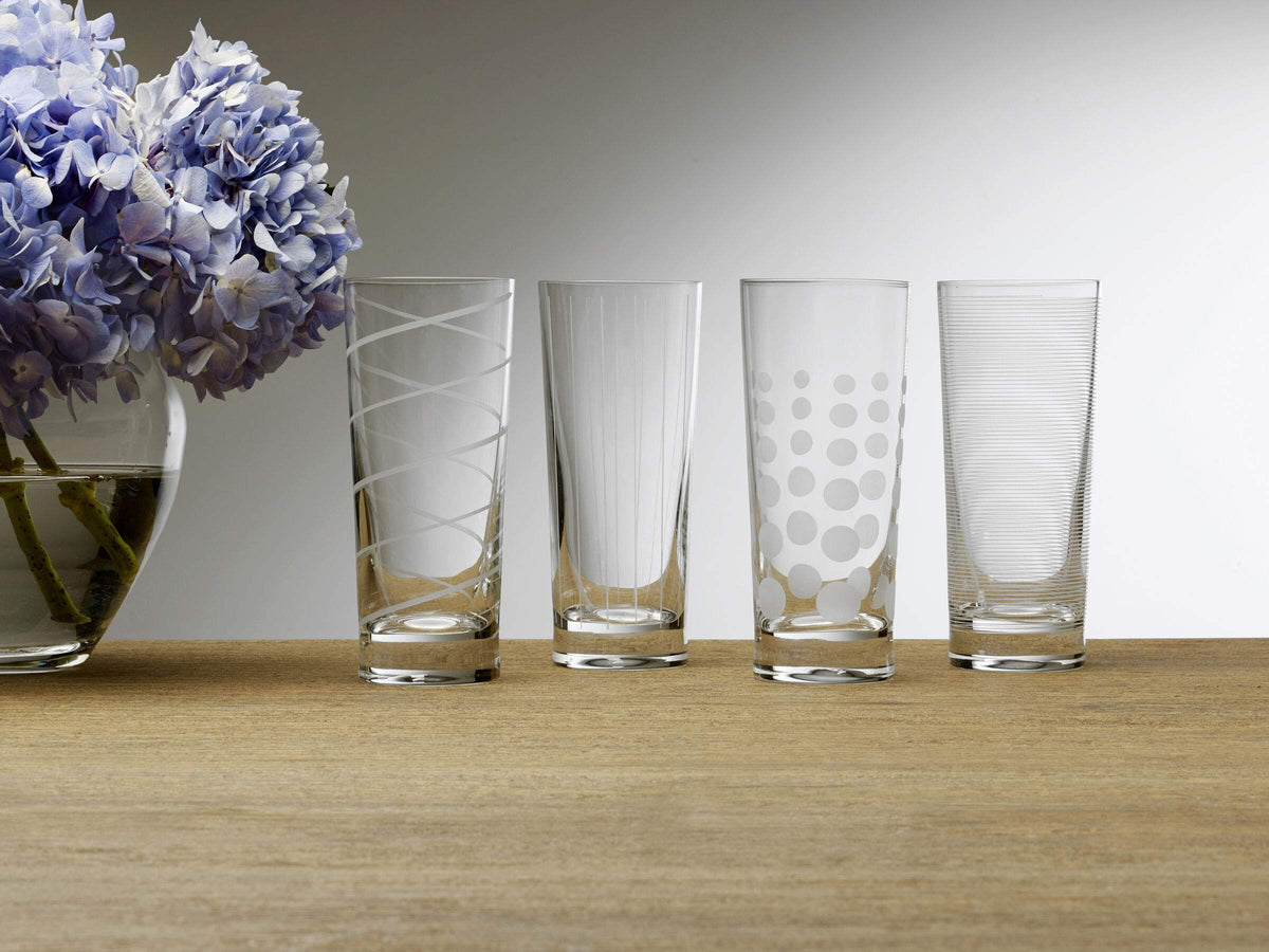 Mikasa Cheers highball glass with horizontal pinstripes, great for casual entertaining.