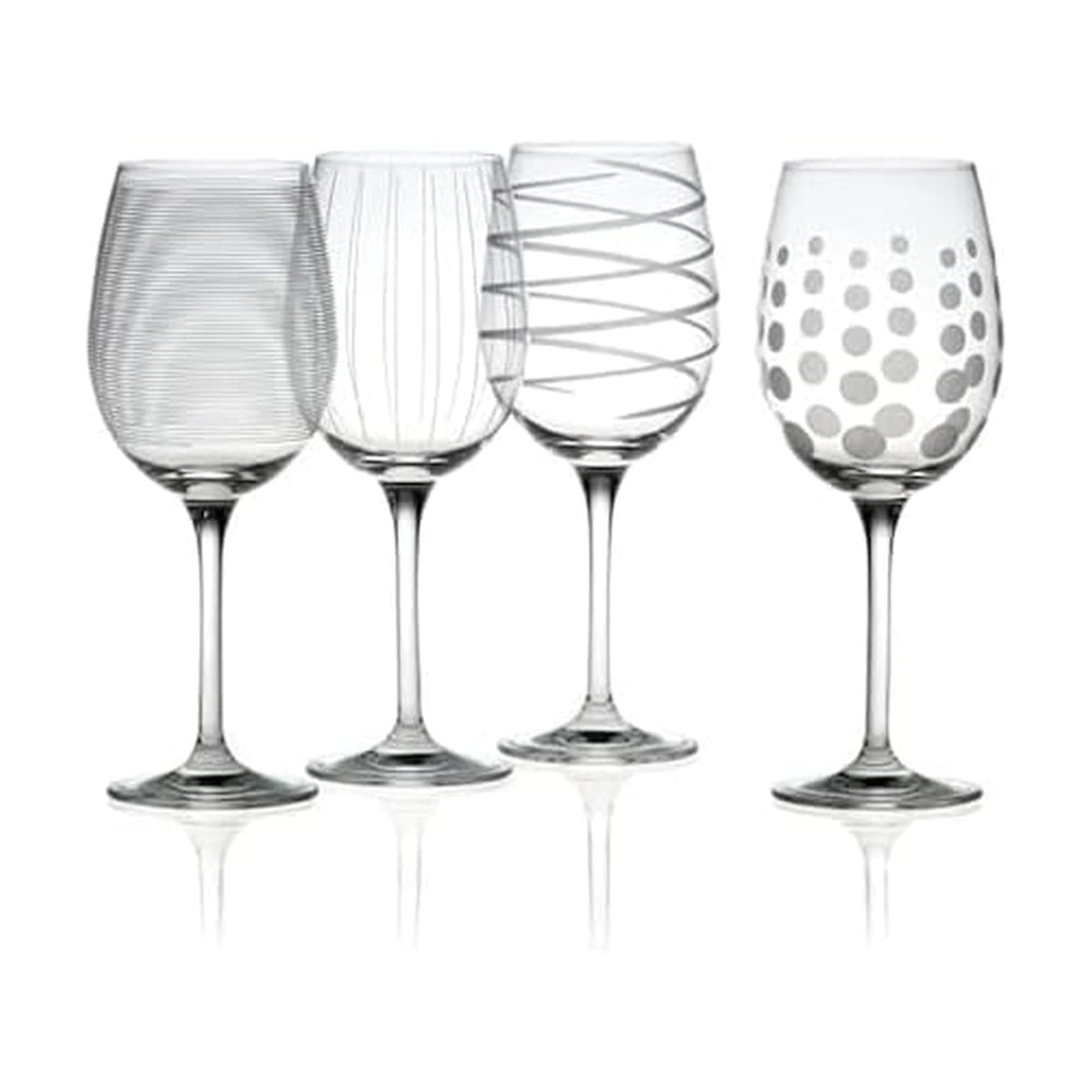 Mikasa Cheers set of four 16 oz white wine glasses with etched dots for guest identification.
