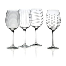 Mikasa Cheers set of four 16 oz white wine glasses with etched dots for guest identification.